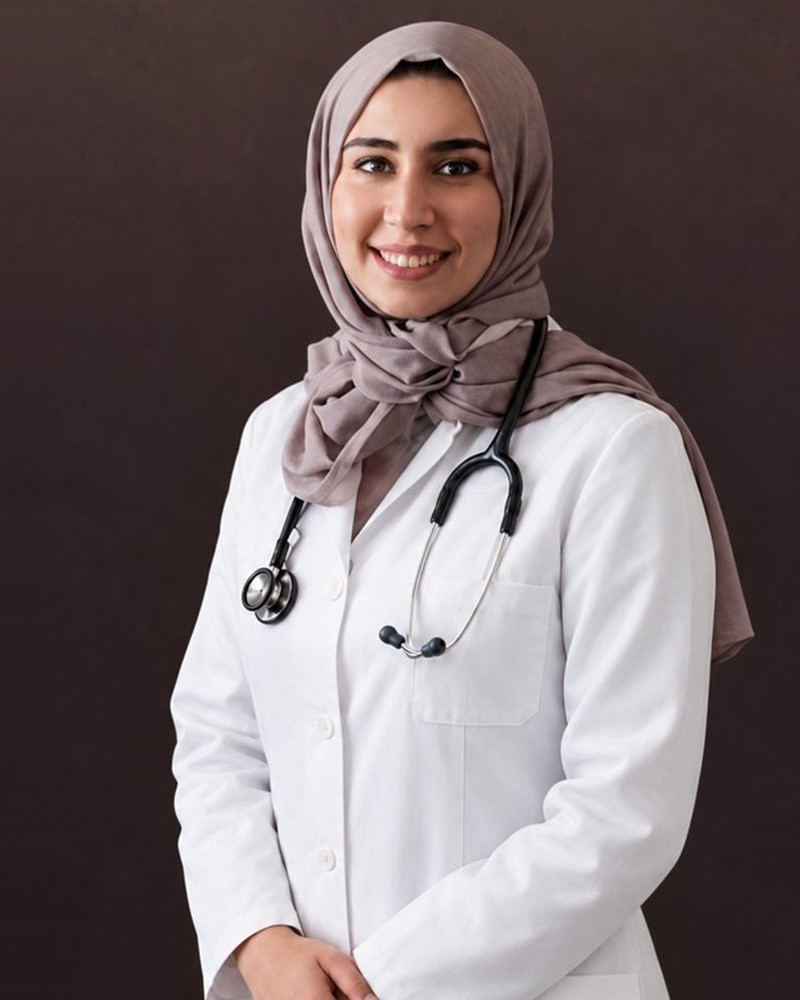 Dr Hajar Khalil, en blouse blanche et foulard, photographiée sur un fond brun.