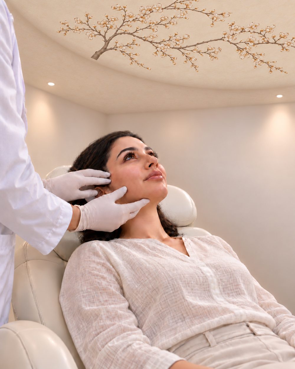 Patiente installée dans le fauteuil de consultation, le praticien examine son visage, branche fleurie peinte au plafond.