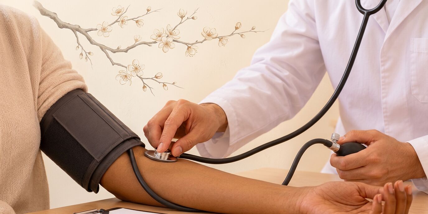 Consultation de médecine générale : gros plan sur la prise de tension artérielle — manchon gris sur le bras d'une patiente marocaine en pull crème, stéthoscope placé dans le pli du coude, main du médecin en blouse blanche, sur un mur crème peint d'une branche fleurie en lumière dorée, aucun visage visible.