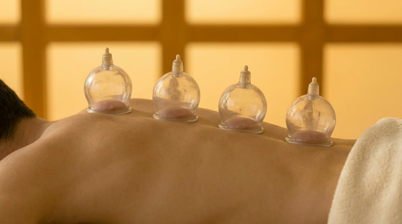 Séance de hijama : gros plan sur les ventouses en verre posées sur le dos d’un patient, serviette crème, lumière chaude.
